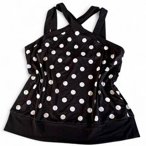 Coquette Polka Dot Halter Tank Top Black White Crepe Swing Cami AUW Size Large